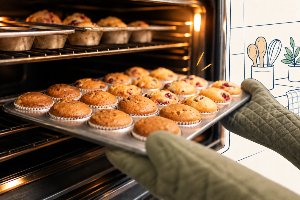 Plaque de muffins maison tout juste cuits, sortie du four avec des mitaines de cuisine.